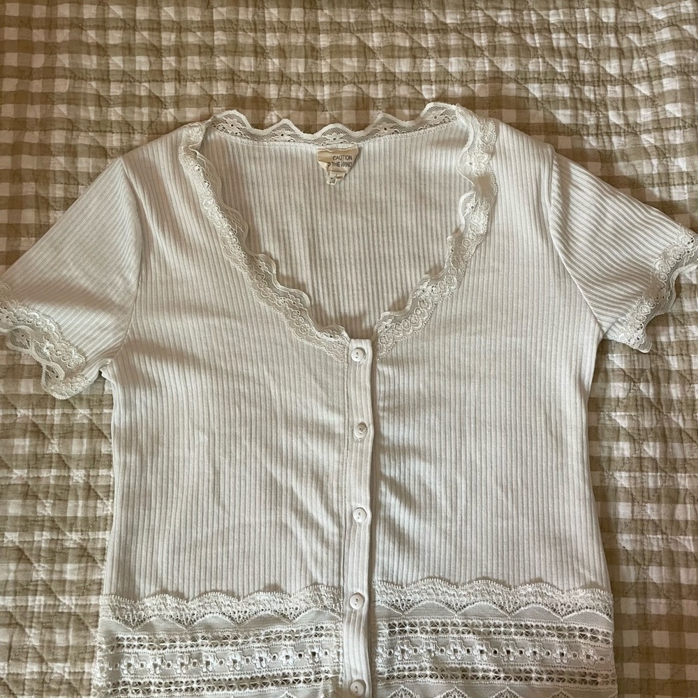 Caution To The Wind White Lace Button-Up Blouse